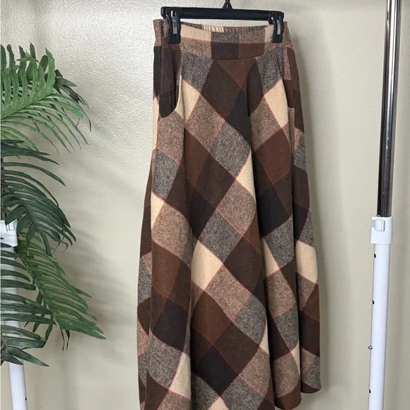 Plaid A-Line Midi Skirt Brown Tan Wool Blend High Waisted Fall Winter XS - Picture 2 of 7